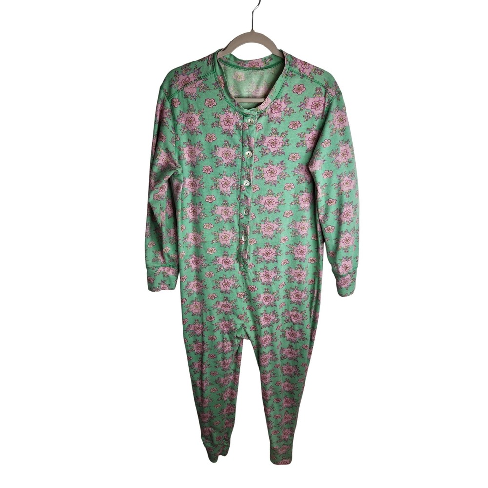 April Cornell One Piece Sleeper Jumpsuit Long John Floral Print Large Green Pink
